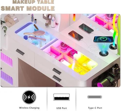 Miniatura 2 de Mesa de Tocador RGB para Maquillaje con Estación de Carga Inalámbrica, Escritorio de Tocador con Espejo Iluminado y Silla, 8 Cajones, Taburete, Mesa