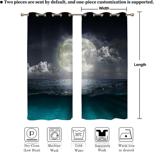 Miniatura 7 de Renaiss Cortinas opacas con luna llena y océano, cortinas de ventana de paisaje nocturno para dormitorio, nivel del mar, cortinas de ventana