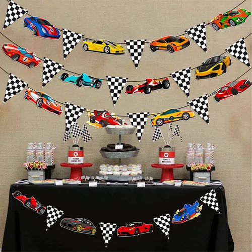 Miniatura 7 de 4 pancartas de fiesta de coches de carreras, decoración de fiesta de coche de carreras, banderines en blanco y negro de carreras de coches