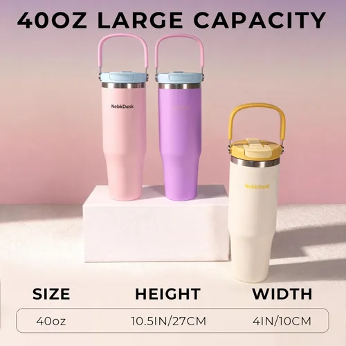 Miniatura 3 de Botella de acero inoxidable aislada de 40 onzas con popote y tapa de 2 en 1, botella de agua con asa de transporte que mantiene frías las bebidas