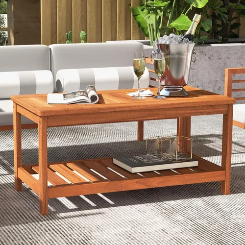 Miniatura 2 de HAPPYGRILL Mesa auxiliar de patio, mesa auxiliar de doble nivel con estructura de madera maciza, mesa de listones y estante, mesa de centro