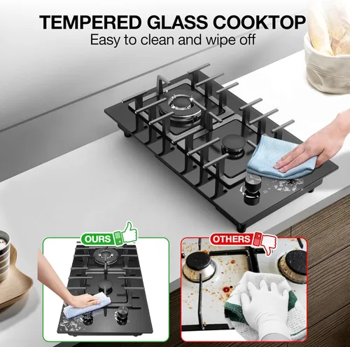 Miniatura 7 de Estufa de Gas de 2 Quemadores Tope de Cocina de Propano, Tope de Cocina de Gas de Vidrio Templado de 12 Pulgadas Quemador de Gas de Acero Inoxidable