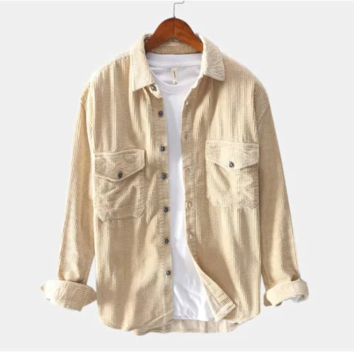 Miniatura 2 de Camisa de pana de los hombres de manga larga de cuello de vuelta camiseta Top Casual de invierno solapa pecho bolsillo botón blusa M-3XL