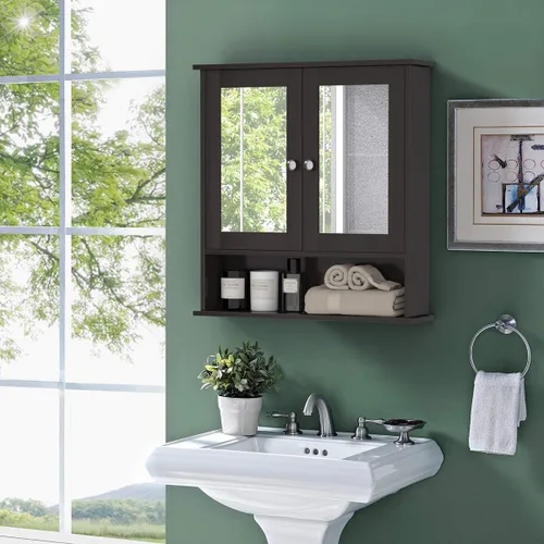 Miniatura 2 de Tangkula - Armario de baño con espejo, organizador colgante de madera montado en la pared con puertas y estantes, espejo de pared para baño