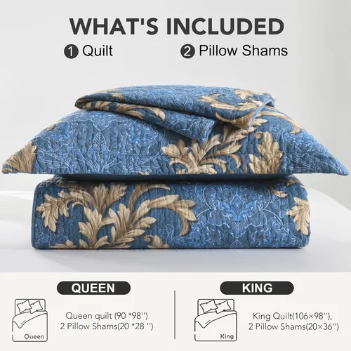 Miniatura 4 de Juego de edredón 100% algodón tamaño Queen de 3 piezas, edredón floral de damasco con 2 fundas, colcha acolchada floral vintage, ropa de cama ligera