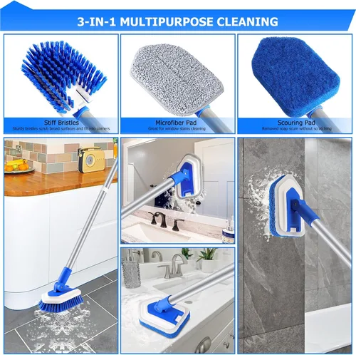 Miniatura 2 de Lalafancy Cepillo de Limpieza para Ducha con Cabezal de Bloqueo, Cepillo Fregador de Bañera y Azulejos 3 en 1 con Mango Largo Extensible de 50