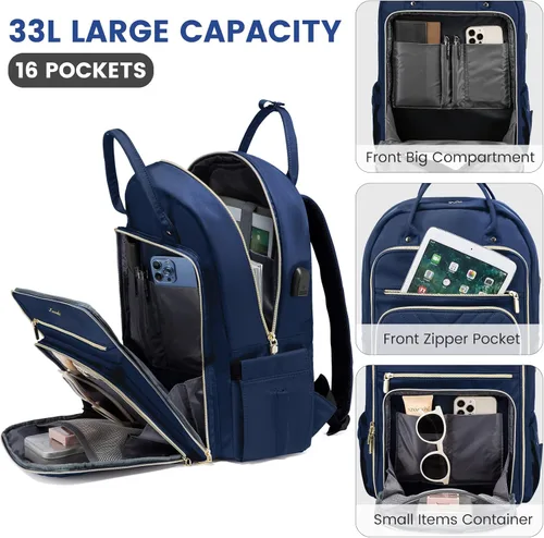 Miniatura 3 de LOVEVOOK - Mochila para portátil de mujer, mochila de trabajo de moda con puerto USB, mochilas impermeables para el trabajo., Azul marino, 17,3 pulg.