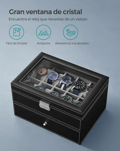 Miniatura 76 de SONGMICS UJWB012 - Caja de reloj de 12 ranuras, caja de reloj con cerradura con tapa de vidrio, 2 capas, con 1 cajón para anillos, pulseras, idea