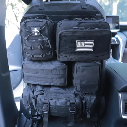 Miniatura 12 de Organizador táctico universal para respaldo de asiento, panel Molle para vehículo, bolsa de almacenamiento con 5 bolsas Molle desmontables