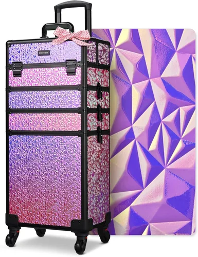 Miniatura 13 de BYOOTIQUE estuche rodante para maquillaje 4 en 1, con cerradura, maletín tipo trolley para cosméticos, con 4 ruedas extraíbles, organizador de viaje