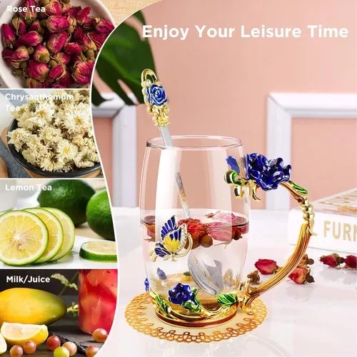 Miniatura 4 de WD&CD Tazas de café y té de vidrio con mariposas y rosas, con cuchara y posavasos, regalos para su novia, esposa, madre, mujeres en el día de San