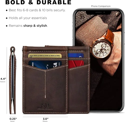 Miniatura 3 de SERMAN BRANDS Billetera con bloqueo RFID delgada de dos pliegues – Carteras minimalistas de cuero genuino con bolsillo frontal para hombres con clip