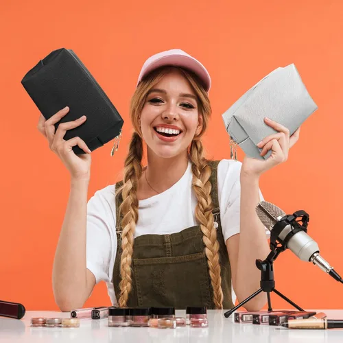 Miniatura 5 de Jexine 9 bolsas de maquillaje de cuero con cremallera bolsa de cosméticos Preppy resistente al agua versátil bolsa de maquillaje organizador