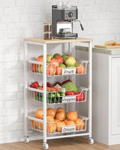 Miniatura 8 de CHLORYARD Cesta de frutas y verduras de 4 niveles, carrito rodante con ruedas con cestas extraíbles y parte superior de madera para cocina, comedor
