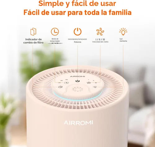 Miniatura 3 de Purificador de aire AIRROMI para dormitorio con filtro HEPA 3-en-1, purificador de aire para mascotas para el olor a orina de gato en el hogar