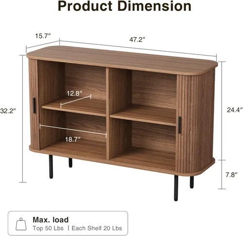 Miniatura 2 de FiveWillowise Aparador de buffet de 47 pulgadas de ancho x 32 pulgadas de alto con almacenamiento, armario de almacenamiento acanalado con borde