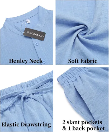 Miniatura 5 de COOFANDY Conjunto de 2 piezas de lino para hombre, camisas Henley casuales de manga corta, pantalones cortos de yoga para playa, pantalones cortos