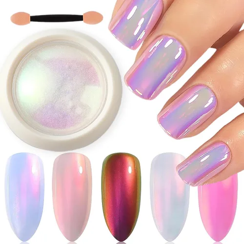 Miniatura 10 de Polvo de uñas cromado de unicornio, perla de neón, iridiscente, efecto de espejo metálico, arco iris, sirena, purpurina, kit de polvo de pigmento