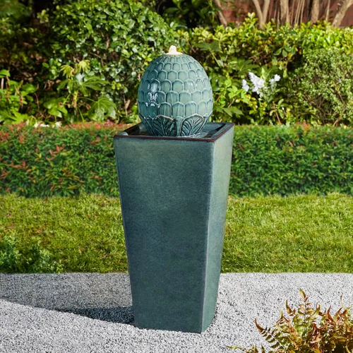 Miniatura 14 de Glitzhome Fuente de agua de cerámica para exteriores con luz LED, fuentes de agua con pedestal de alcachofa extragrande con bomba sumergible, fuente