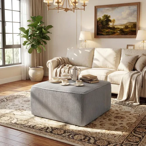 Miniatura 14 de Christopher Knight Home Isa - Taburete otomano cuadrado, puf de pana, reposapiés, asiento grande, mesa auxiliar moderna para sala de estar, Beige