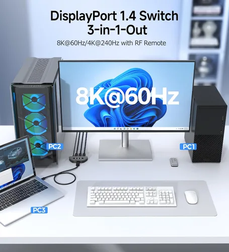 Miniatura 2 de Cable Matters Conmutador DisplayPort 1.4 de 32.4 Gbps con control remoto, 3 entradas 1 salida, compatible con 8K 60Hz / 4K 240Hz, conmutador