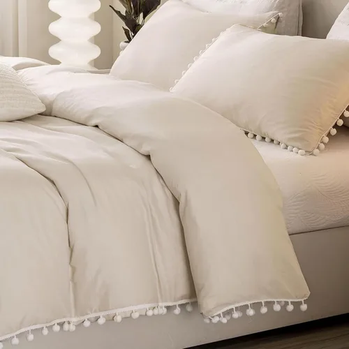 Miniatura 4 de Bedbay Juego de edredón bohemio color beige, edredón con pompones, decoración de habitación estética, bonito juego de ropa de cama con flecos