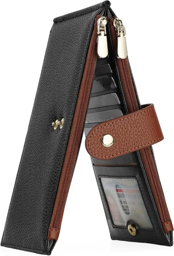 Miniatura 9 de GOIACII - Carteras delgadas para mujer con bloqueo RFID, tarjetero con 2 bolsillos con cremallera, monedero fino para mujer, negro (A01 Black)