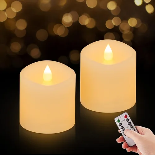 Juego de 2 velas sin llama parpadeantes de 3x3, velas con pilas de 2AA, duración de 600 horas, velas parpadeantes con temporizador, velas sin llama