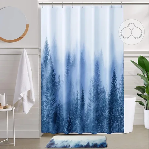 Miniatura 28 de ORTIGIA 36x72 Cortina de ducha de bosque nebuloso para baño pequeño, cortina de ducha estrecha de naturaleza y bosque en blanco y negro con ganchos