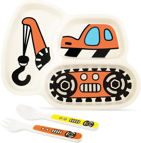 Miniatura 11 de Juego de platos para niños, incluye tenedor y cuchara, juego de 3 piezas, platos para niños pequeños, juego de platos divididos para alimentación