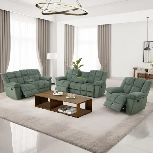 Miniatura 4 de Juego de sofá reclinable para muebles de sala de estar, juego de sofá y silla reclinable de pana verde, tela manual, sofá reclinable de 3 plazas