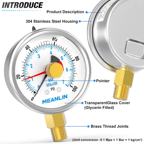 Miniatura 4 de MEANLIN MEASURE 0~100 Psi Manómetro de acero inoxidable con esfera de 2.5 pulgadas con puntero de reinicio, relleno de líquido, WOG para agua