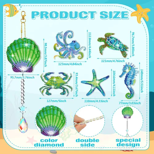 Miniatura 3 de Tradder Juego de 6 piezas de arte de diamantes para adultos, adorno de arte de diamante, campanillas de viento de doble cara con colgante de cristal