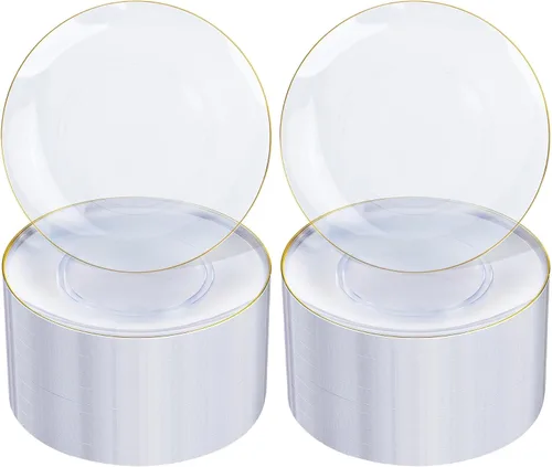 Miniatura 23 de Nervure - Juego de 100 platos de plástico desechables negros de 7.5 pulgadas, platos de postre negros desechables, platos de plástico dorado