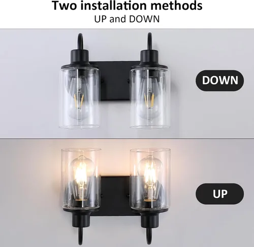 Miniatura 5 de Lámpara de baño negra mate sobre espejo, lámpara de tocador de baño de 2 luces con pantalla de vidrio transparente, apliques de pared modernos