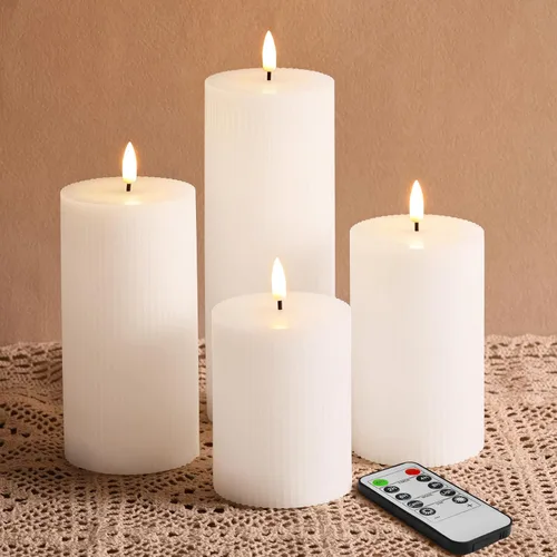 Velas de pilar sin llama acanaladas blancas con control remoto, juego de 4 velas LED parpadeantes con parte superior plana, 3 pulgadas de alto, 4