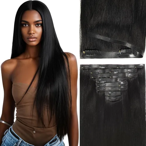 Miniatura 20 de Extensiones de cabello lacio italiano Yaki con clip, cabello humano Remy real, grado 8A, grueso, virgen, 4C, afroamericanos, cabeza completa