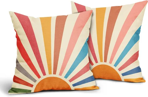Miniatura 2 de Fundas de almohada boho con diseño de sol y atardecer 18x18, juego de 2 fundas de almohada decorativas de lino con arco iris y cierre
