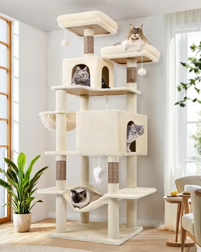 Miniatura 9 de Globlazer Torre de árbol para gatos, muebles para gatos de varios niveles extra altos de 76 pulgadas con cómodos condominios, hamaca y perchas