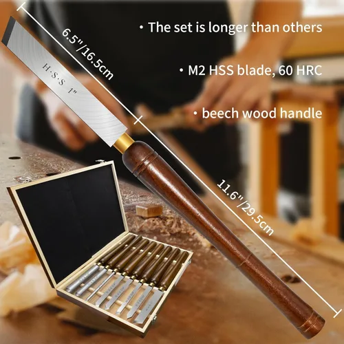 Miniatura 5 de Juego de 8 piezas de herramientas de torneado de madera HSS con mango de haya Wood Turning Tools Include Roughing Gouge, Spindle Gouge,Diamond