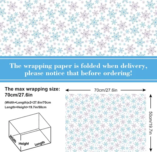 Miniatura 2 de 12 hojas de papel de regalo de Navidad de invierno, papel de regalo de copo de nieve azul morado para manualidades, embalaje de regalo, 19.7 x 27.6
