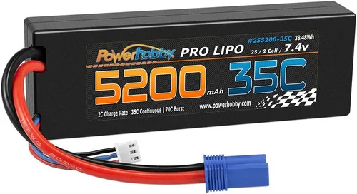 Miniatura 4 de Powerhobby - Batería Lipo de 2 celdas de 2 celdas, 7.4 V, 5200 mAh, 35c, con enchufe EC5, 2 celdas (paquete de 2)