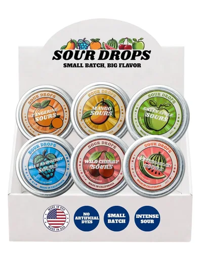 Sour Drops | Variedad de sabores agrios | Frambuesa azul, mango, manzana verde, mandarina, sandía, caramelo duro de cereza | Sin tintes artificiales