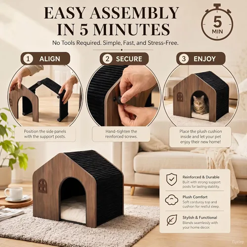 Miniatura 6 de Moderna casa de madera para gatos para interiores, cama tipo cueva cerrada de grado E0 con cojín lavable, muebles ecológicos no tóxicos