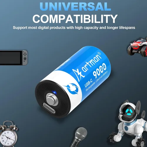 Miniatura 5 de Artman - Paquete de 4 baterías recargables de litio C, baterías de celda C de 1.5 V con cable de carga USB-C 2 en 1, batería de iones de litio