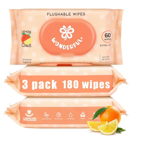 Miniatura 10 de Toallitas desechables WONDERFUL, Toallitas húmedas 100% a base de plantas con sabor a limón cítrico para adultos y niños, seguras
