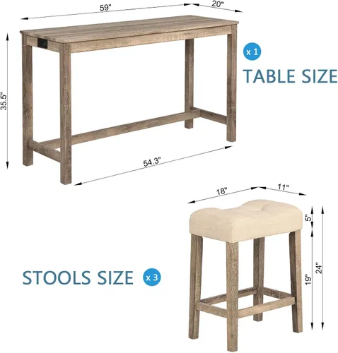 Miniatura 2 de Juego de mesa y sillas de barra de altura de mostrador de 4 piezas con toma de corriente, mesa de comedor rectangular estrecha con 3 taburetes