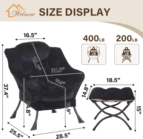 Miniatura 3 de Welnow - Silla perezosa con otomana, moderna silla de descanso con reposabrazos y bolsillo lateral, sillón de sofá tapizado de ocio, sillón de Negro