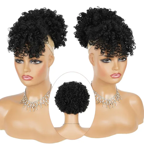 Miniatura 2 de Cola de caballo con cordón para mujeres negras Afro Puff Cola de caballo con cordón con flequillo Cola de caballo corta crespa y rizada Moño cola