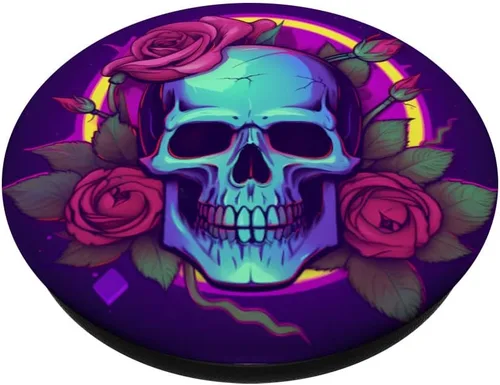 Miniatura 2 de Synthwave Sugar Skull Flowers Purple Skull PopSockets intercambiables PopGrip